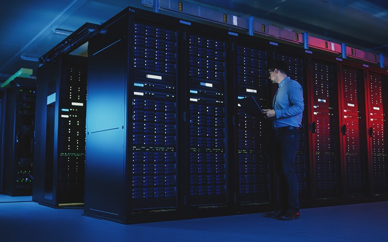 Man working on server room